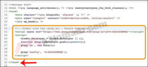شفرة التتبع Google Analytics موضحة في أكواد HTML فوق <head>