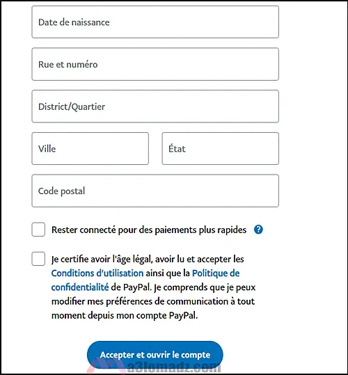 التسجيل في باي بال إضافة العنوان الشخصي